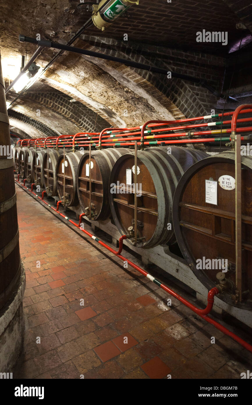 France, Normandy, Fecamp, Palais Benedictine, museum and distillery of Benedictine liqueur, aging barrels. Stock Photo