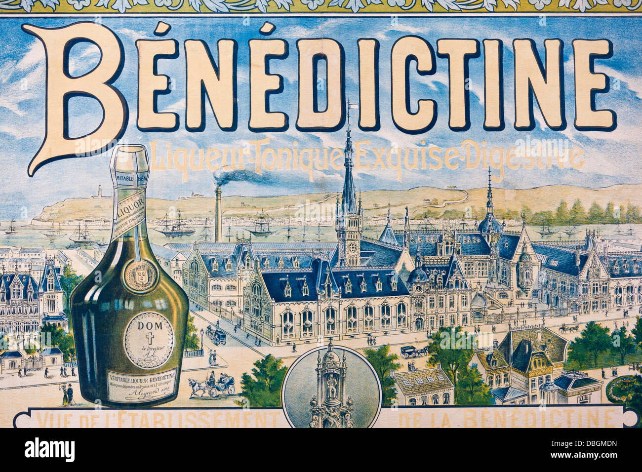 France, Normandy, Fecamp, Palais Benedictine, museum and distillery of Benedictine liqueur, advertising poster. Stock Photo