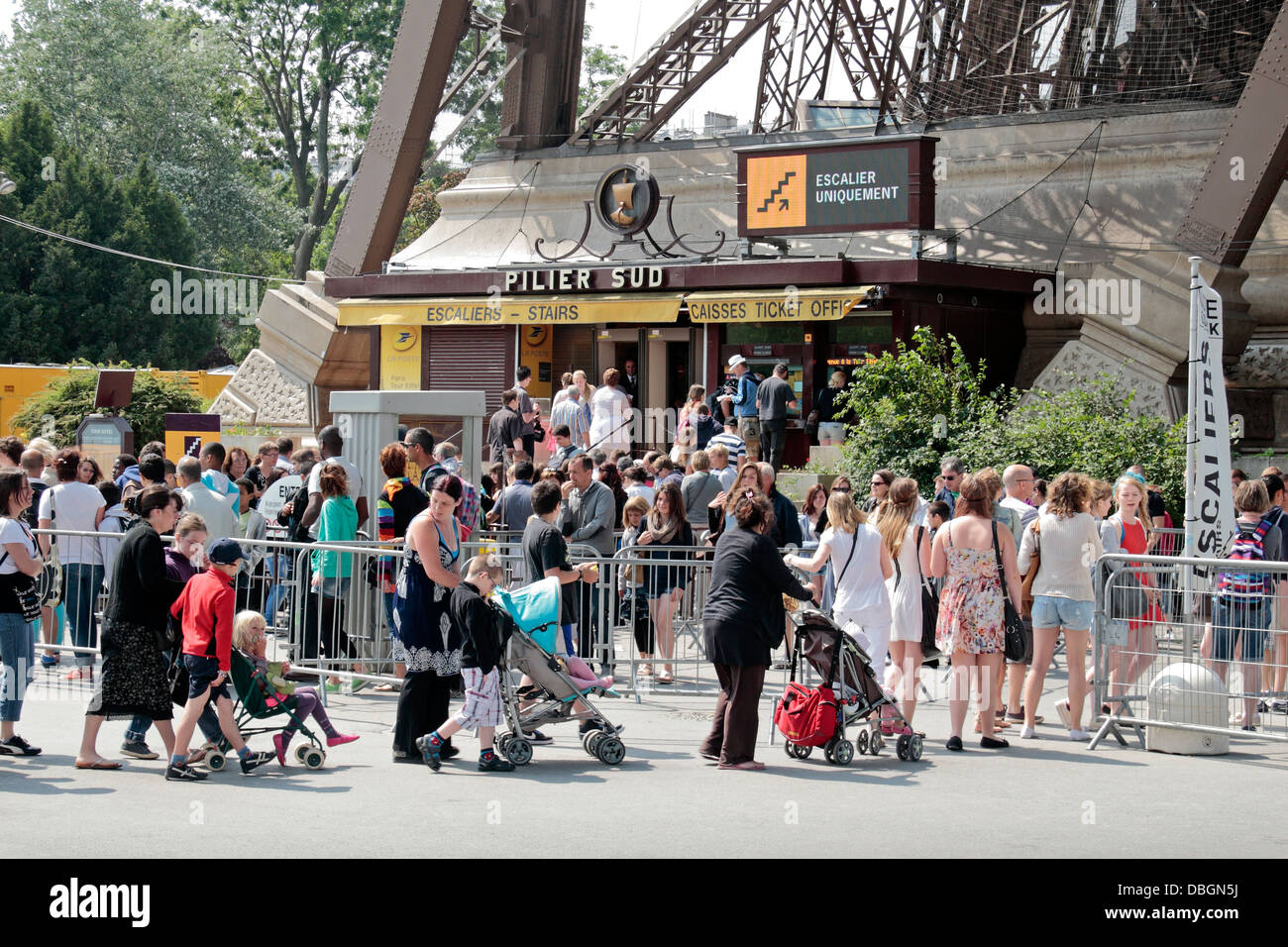 Queues of people waiting to climb the stairs in the eiffel tower, Paris, France. Stock Photo