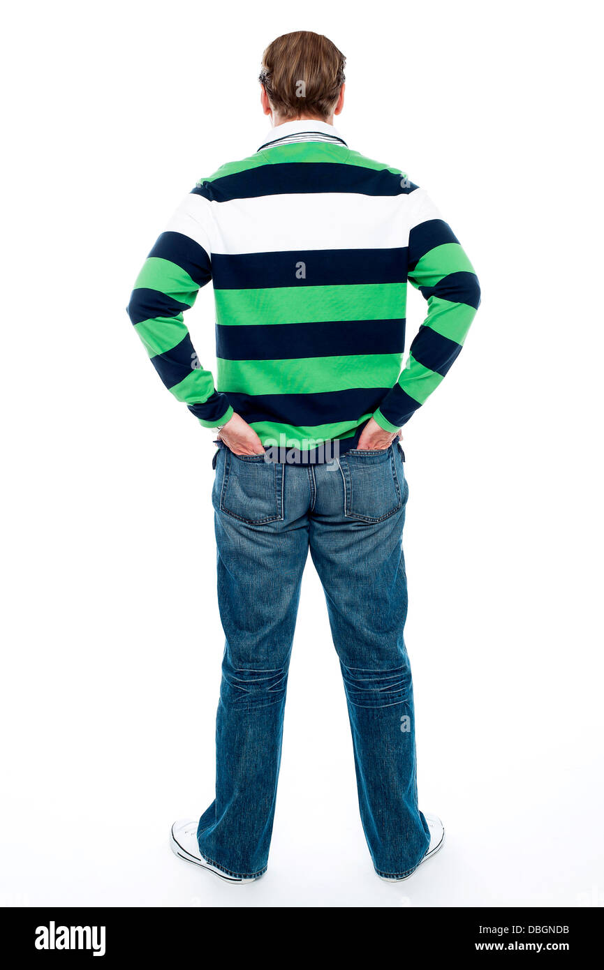 Back pose of man posing with hands in pocket Stock Photo Alamy