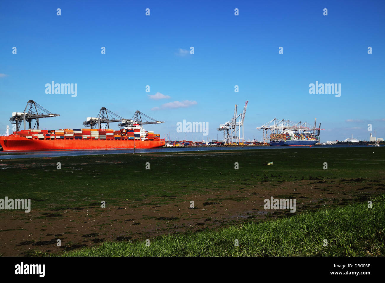Container shipping dock with 2 cargo ships Stock Photo