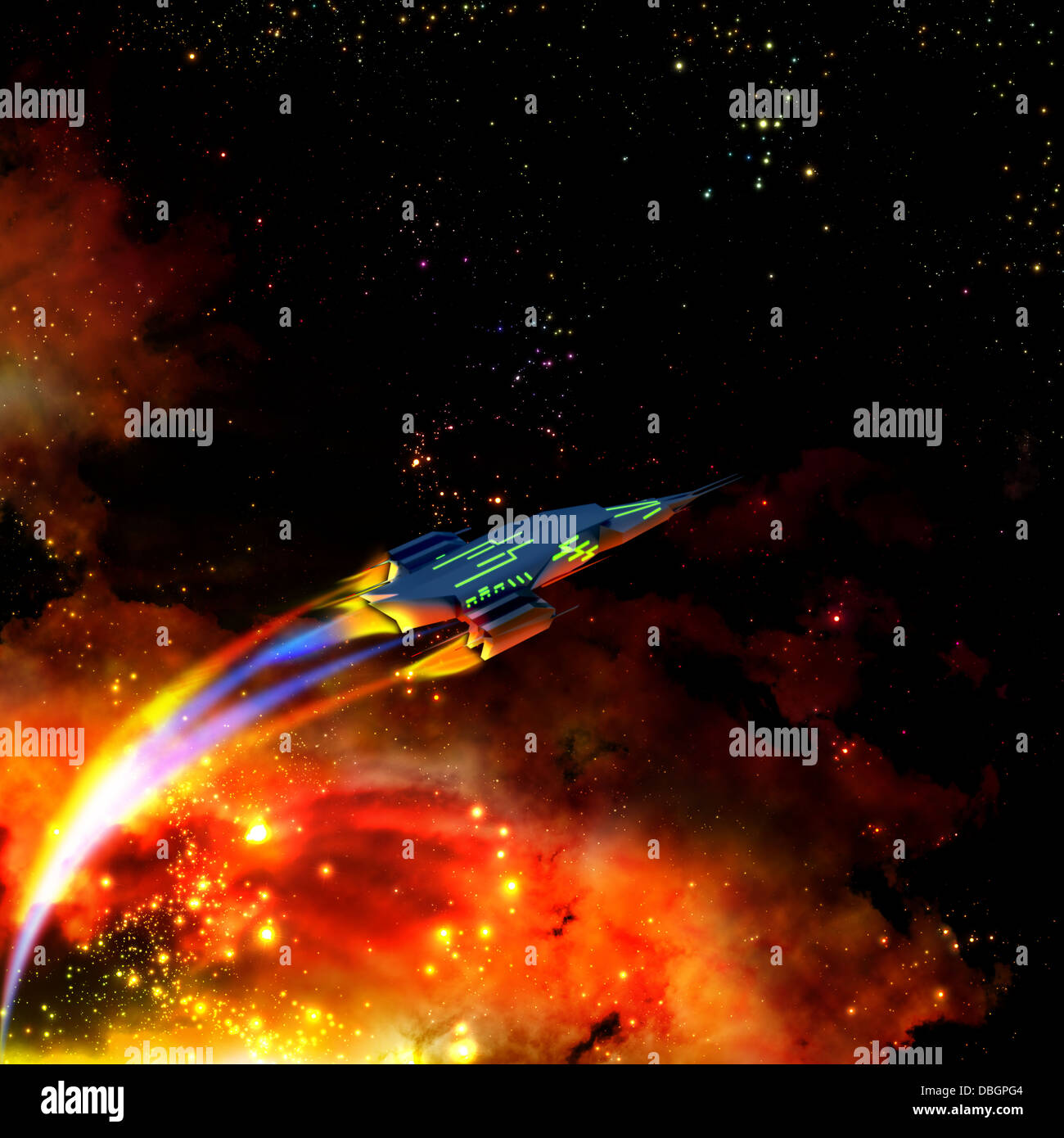 red-hot spaceship and nebula Stock Photo
