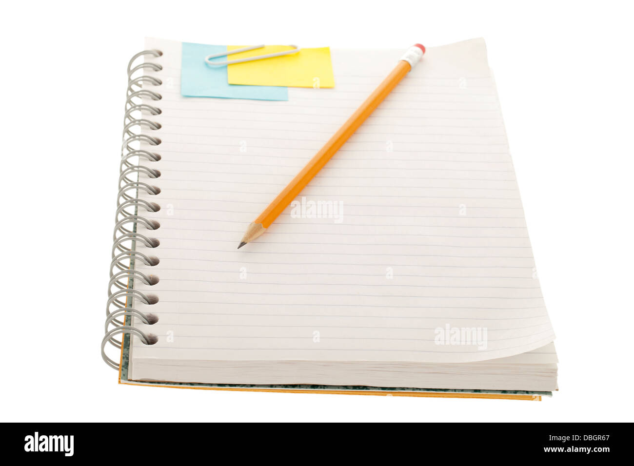 notebook with adhesive note paper clip and pencil Stock Photo