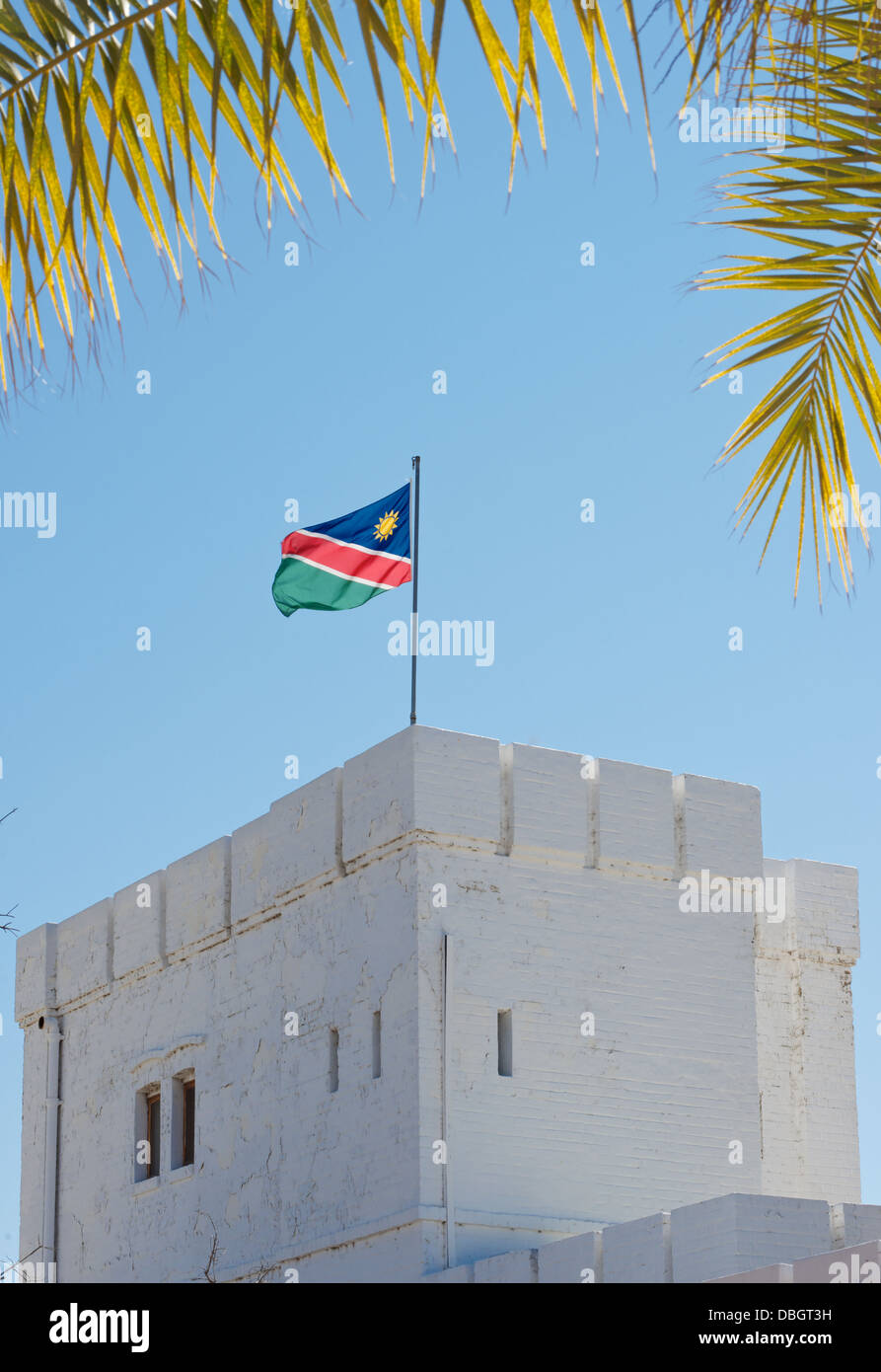 Namibian flag at Namutoni Namibia Africa Stock Photo
