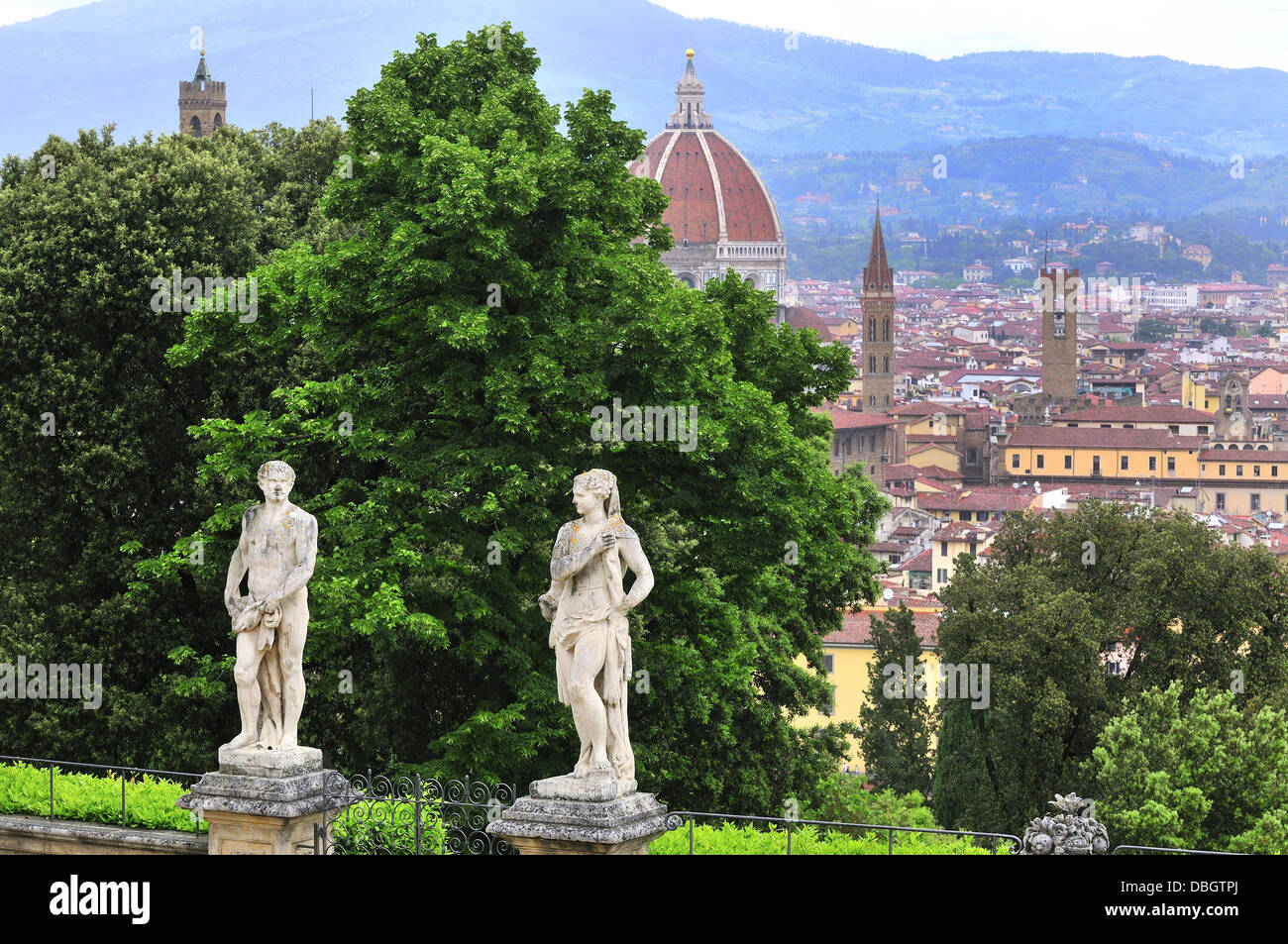 View over Florence from the Villa Bardini, Boboli Gardens, ( Italian renaissance Gardens) Florence, Tuscany, Italy, Stock Photo