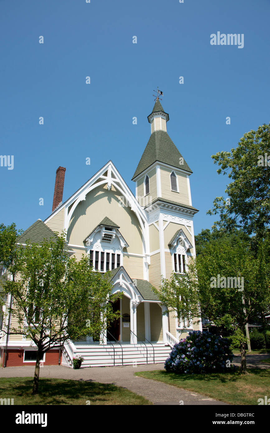 Massachusetts, Martha's Vineyard, Oak Bluffs. Historic Methodist Trinity Church church located within the Campground cottages. Stock Photo