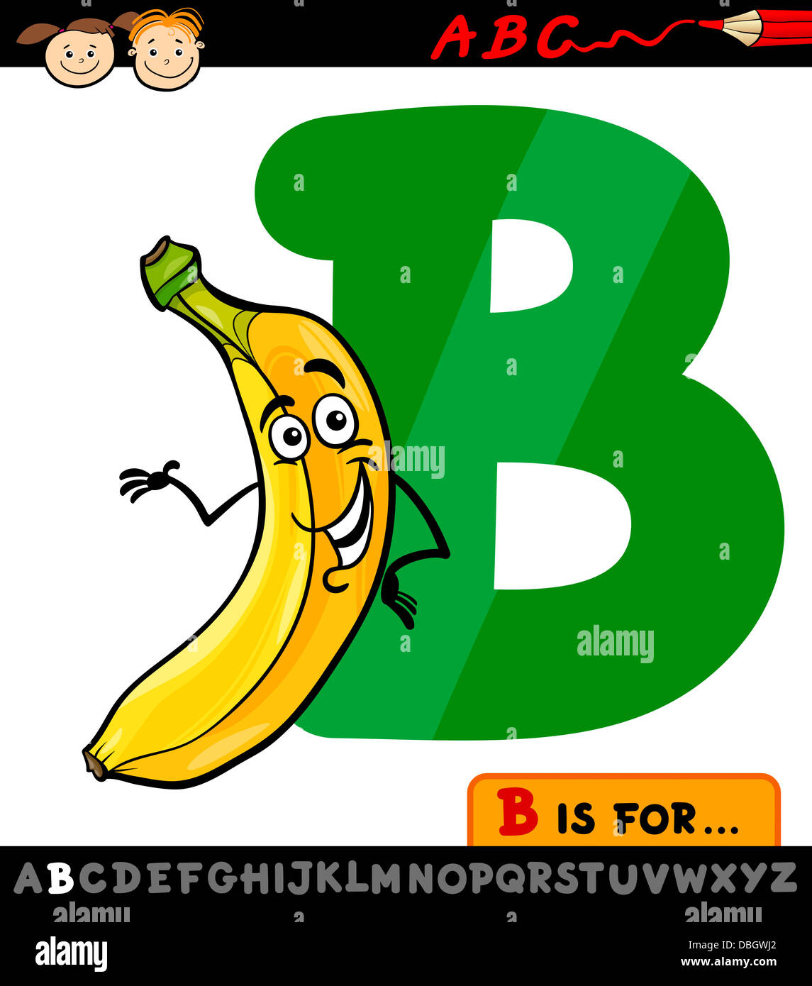 Cartoon Illustration of Capital Letter B from Alphabet with Banana Fruit for Children Education Stock Photo