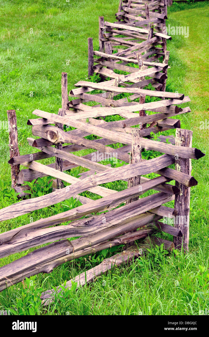 Snake fence; split rail fence; snake rail fence; zigzag fence; worm fence; split-rail fence Stock Photo