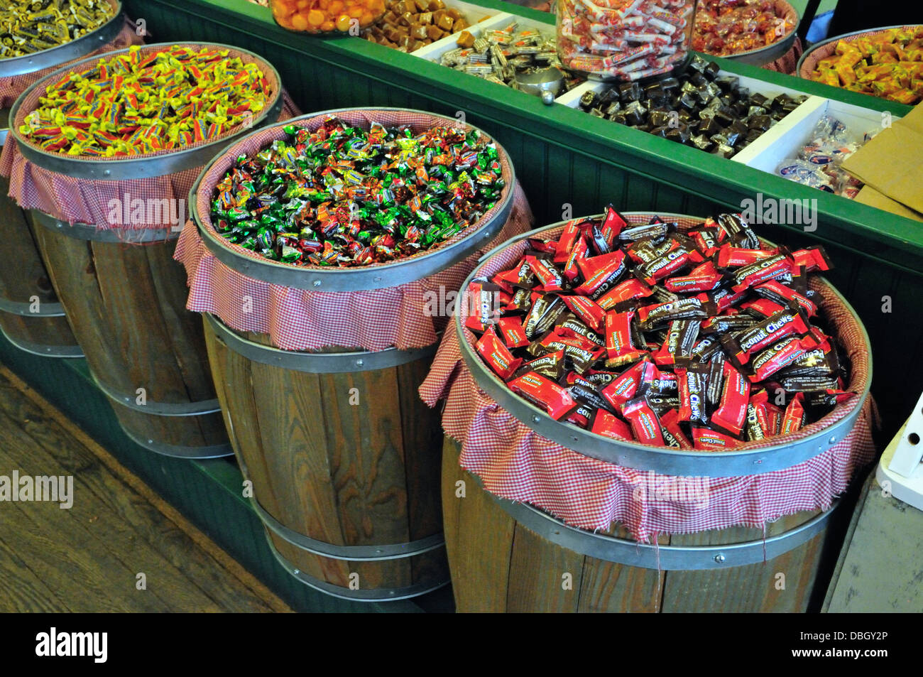 Barrels filled with candy at the Floyd Country Store, Floyd, Virginia Stock Photo