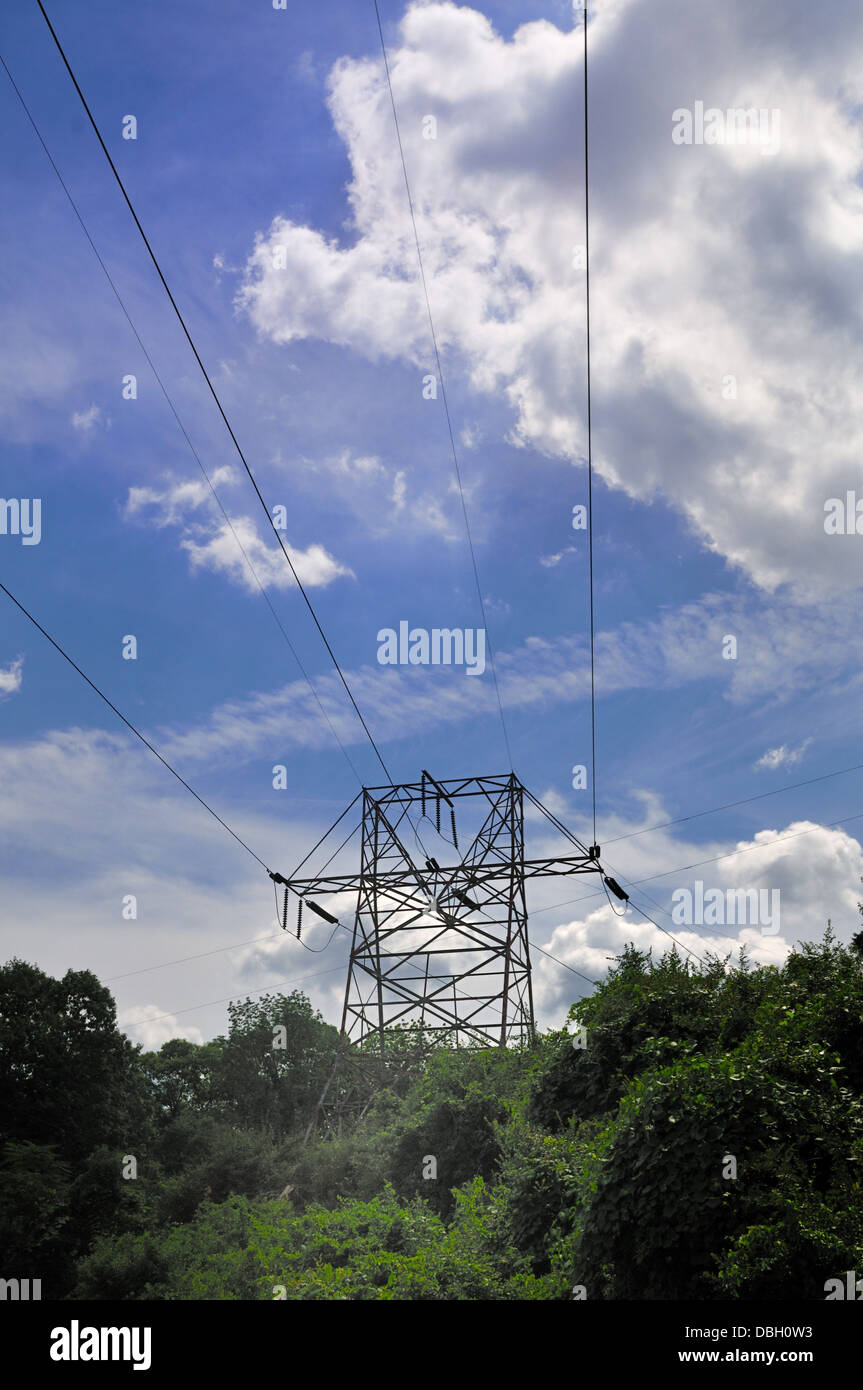 Electric wires and tower in a rural setting Stock Photo