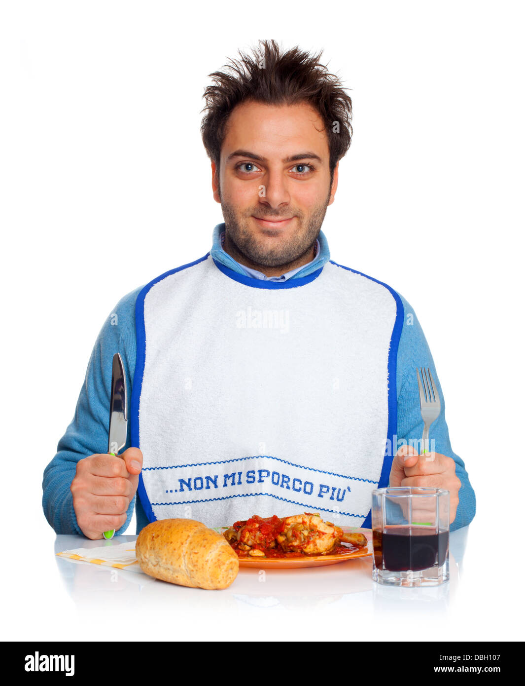 Guy With Bib At The Dinner Table Stock Photo Alamy