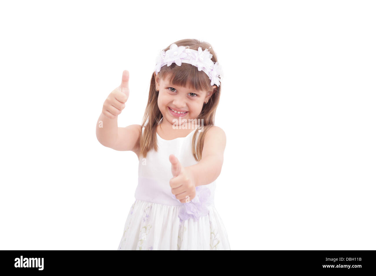 happy pretty girl with thumbs up on white background Stock Photo - Alamy