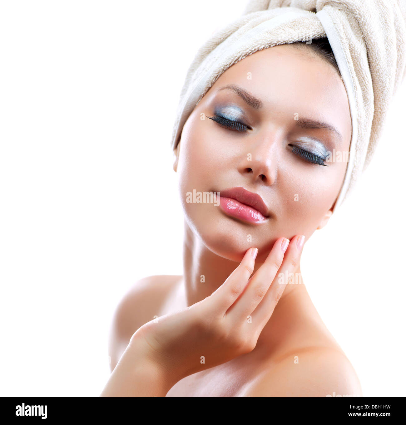 Spa Girl. Beautiful Young Woman After Bath Touching Her Face Stock ...