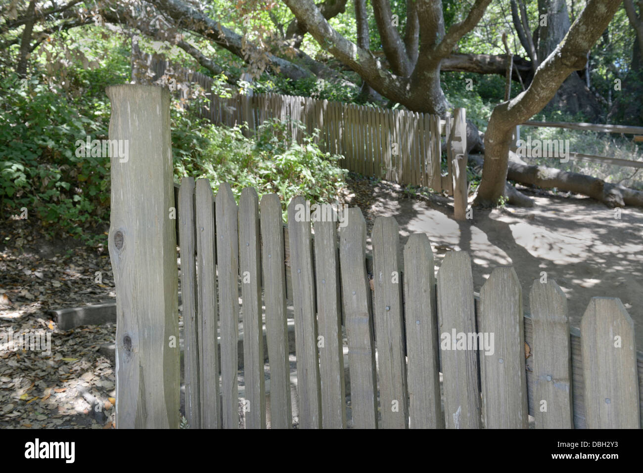 Fence on the San Andreas Fault that was split apart by the 1906 earthquake, Point Reyes, CA Stock Photo