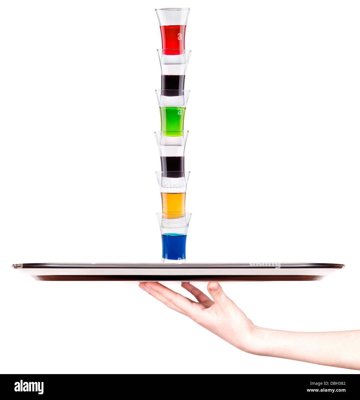alcoholic shot cocktails stack on a tray with hand - red cosmopolitan ...