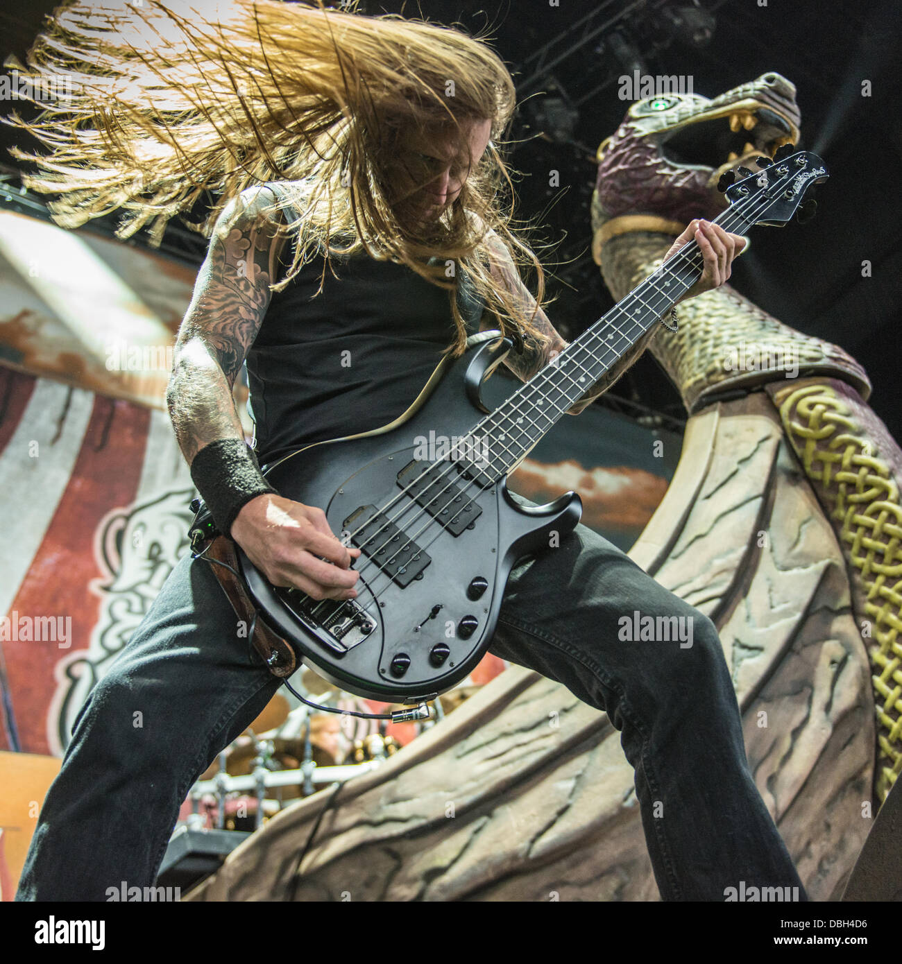 Swedish Heavy Metal band Amon Amarth performing live at Mayhem Fest 2013. Amon Amarth is a melodic death metal band from Tumba, Sweden. They got their moniker from the Sindarin name of Mount Doom, a volcano in J. R. R. Tolkien′s Middle-earth. The band's lyrics revolve around Viking history and mythology. The band is vocalist Johan Hegg, guitarists Olavi Mikkonen and Johan Söderberg, bassist Ted Lundström and drummer Fredrik Andersson Stock Photo