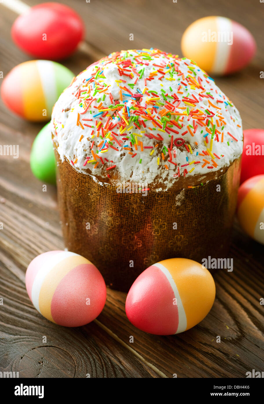 Colorful Easter Eggs And Cake Stock Photo - Alamy