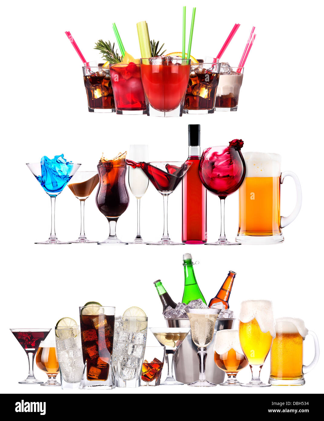 Set of different alcoholic drinks and cocktails beer,martini,soda