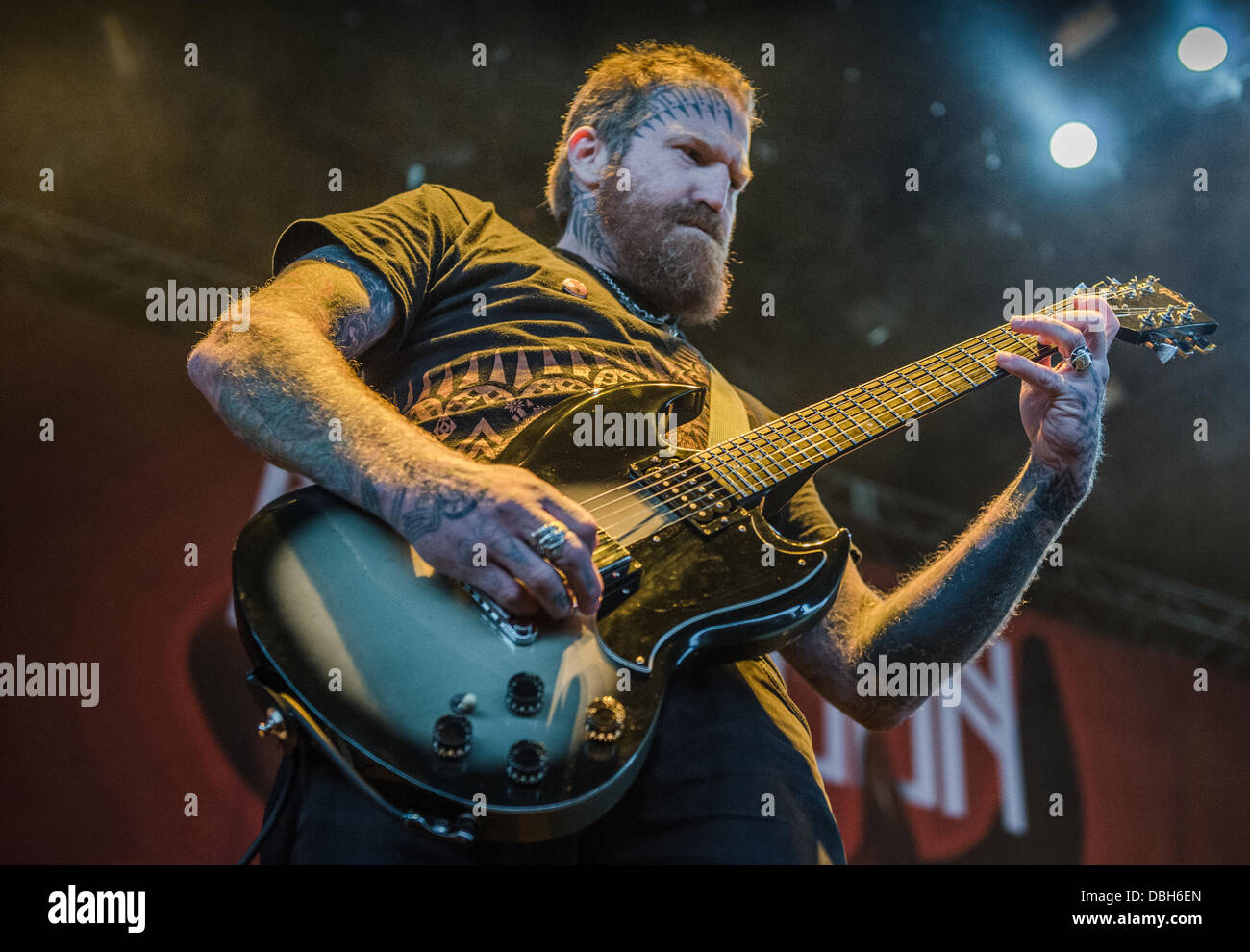 Heavy Metal band Mastodon performing live at Mayhem Fest 2013. Mastodon is an American heavy metal band from Atlanta, Georgia, formed in  2000. The band consists of bassist and vocalist Troy Sanders, guitarist Brent Hinds, guitarist Bill Kelliher and drummer Brann Dailor. Stock Photo