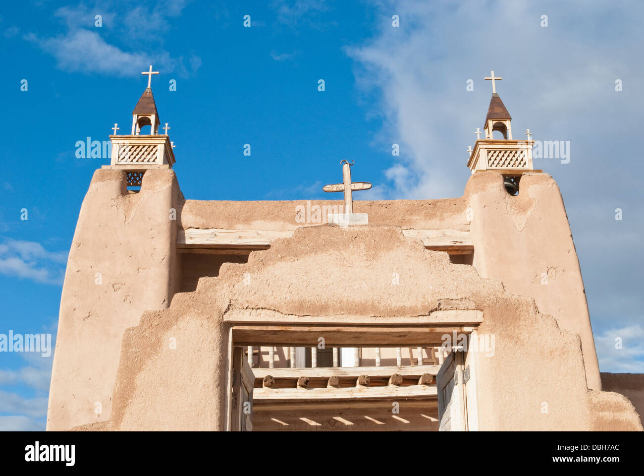 The Historic church at Las Trampas-San Jose de Gracia, has twin belfries and an outside choir balcony. Stock Photo