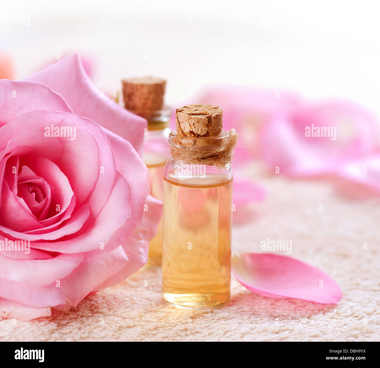 Bottles of Essential Oil for Aromatherapy. Rose Spa Stock Photo
