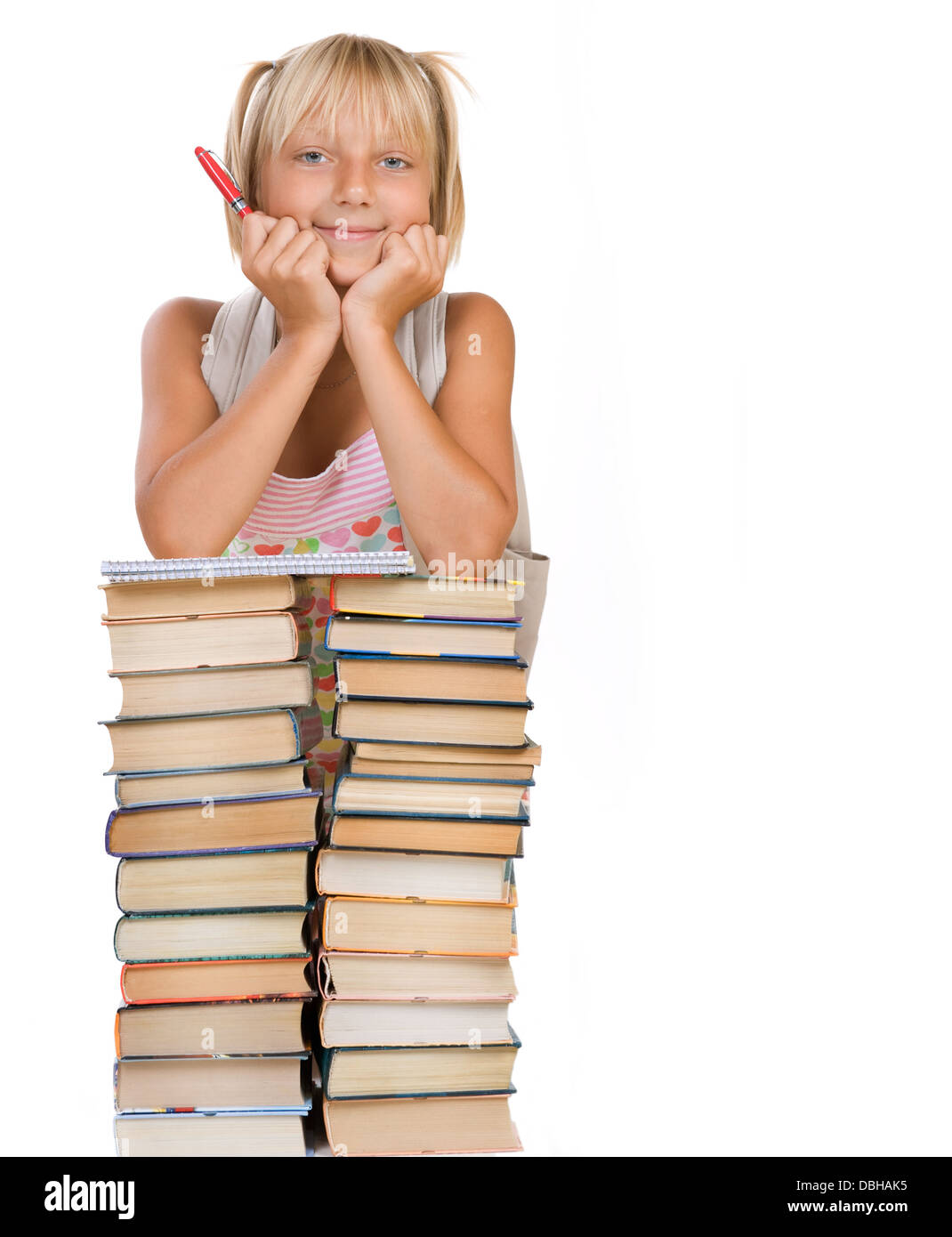 Back To School Concept. School Girl Above The Heap Of Books Stock Photo ...
