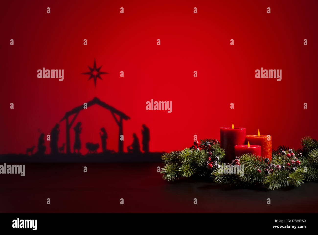 Birth Jesus silhouette of the crib in Bethlehem and candles Stock Photo