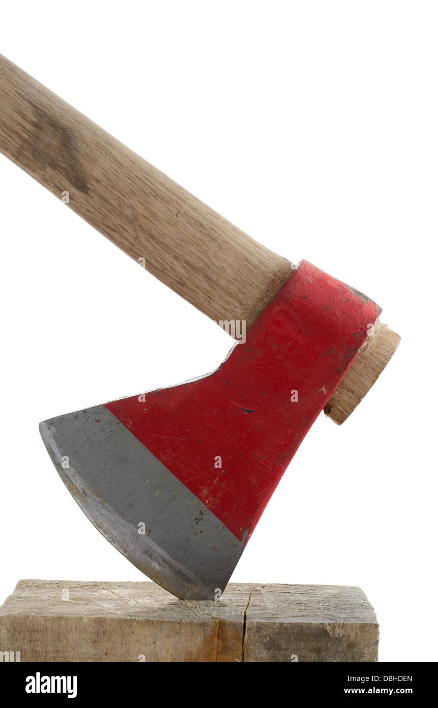 Axe stuck in a wooden block. Isolated on white background Stock Photo