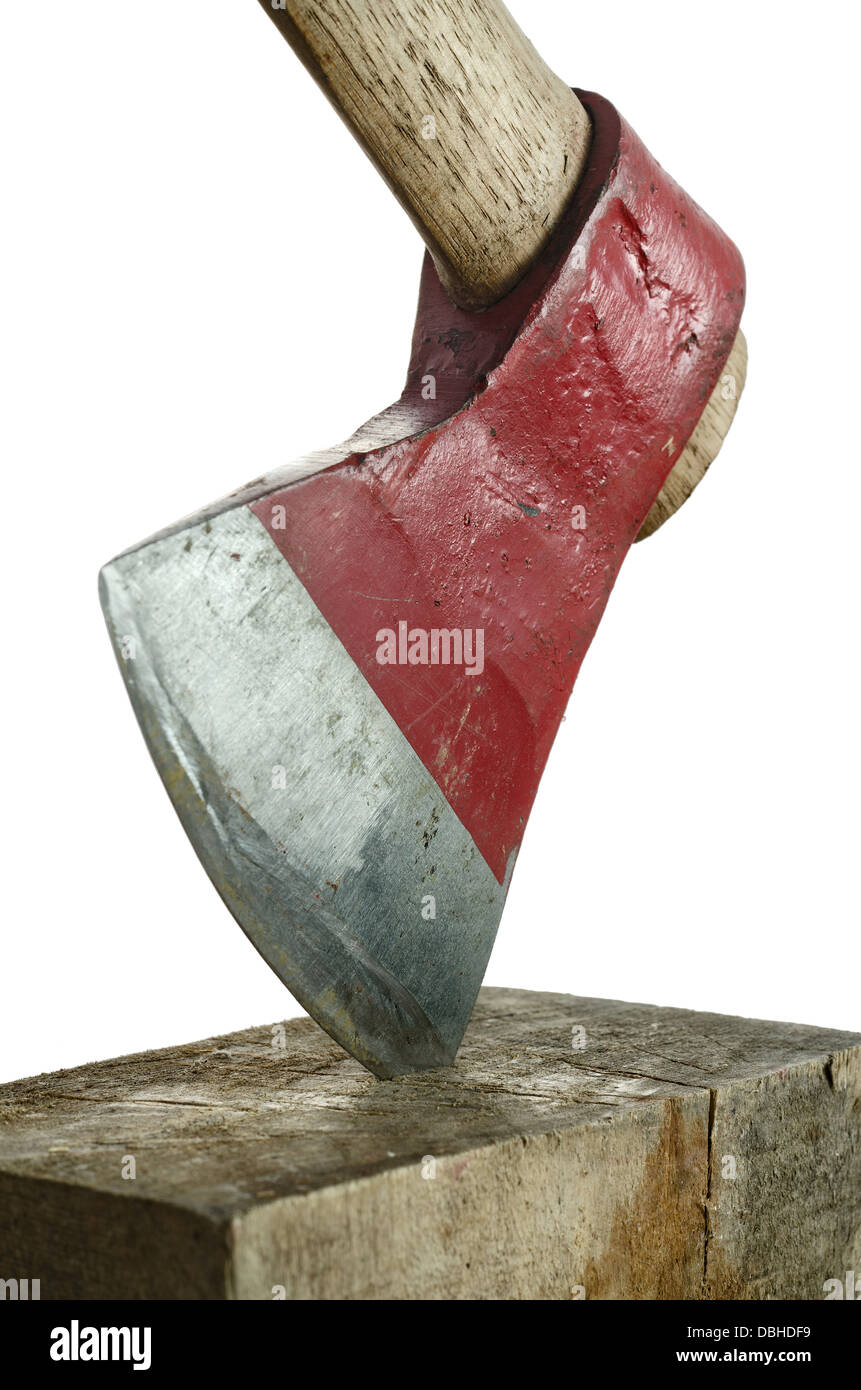 Axe stuck in a wooden block. Isolated on white background Stock Photo