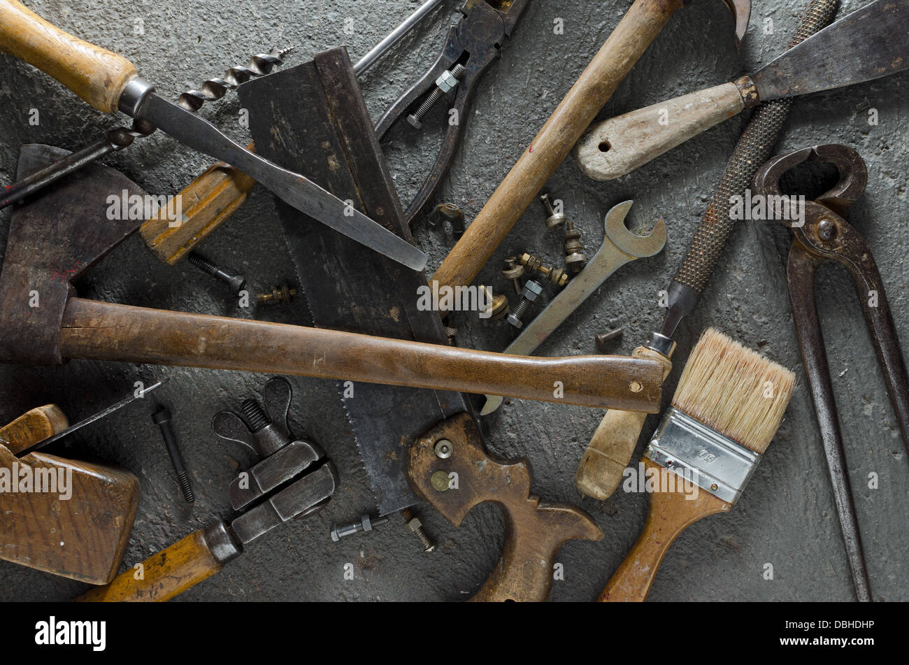 Gritty hand tools and other bits of grungy hardware Stock Photo