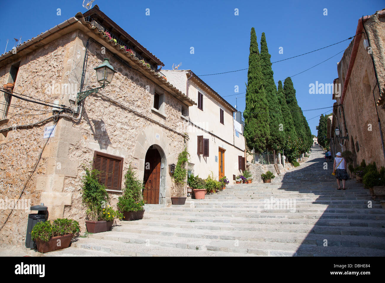 365 Calvari Steps in old town of Pollensa on the island of Majorca in the Balearic Islands Stock Photo