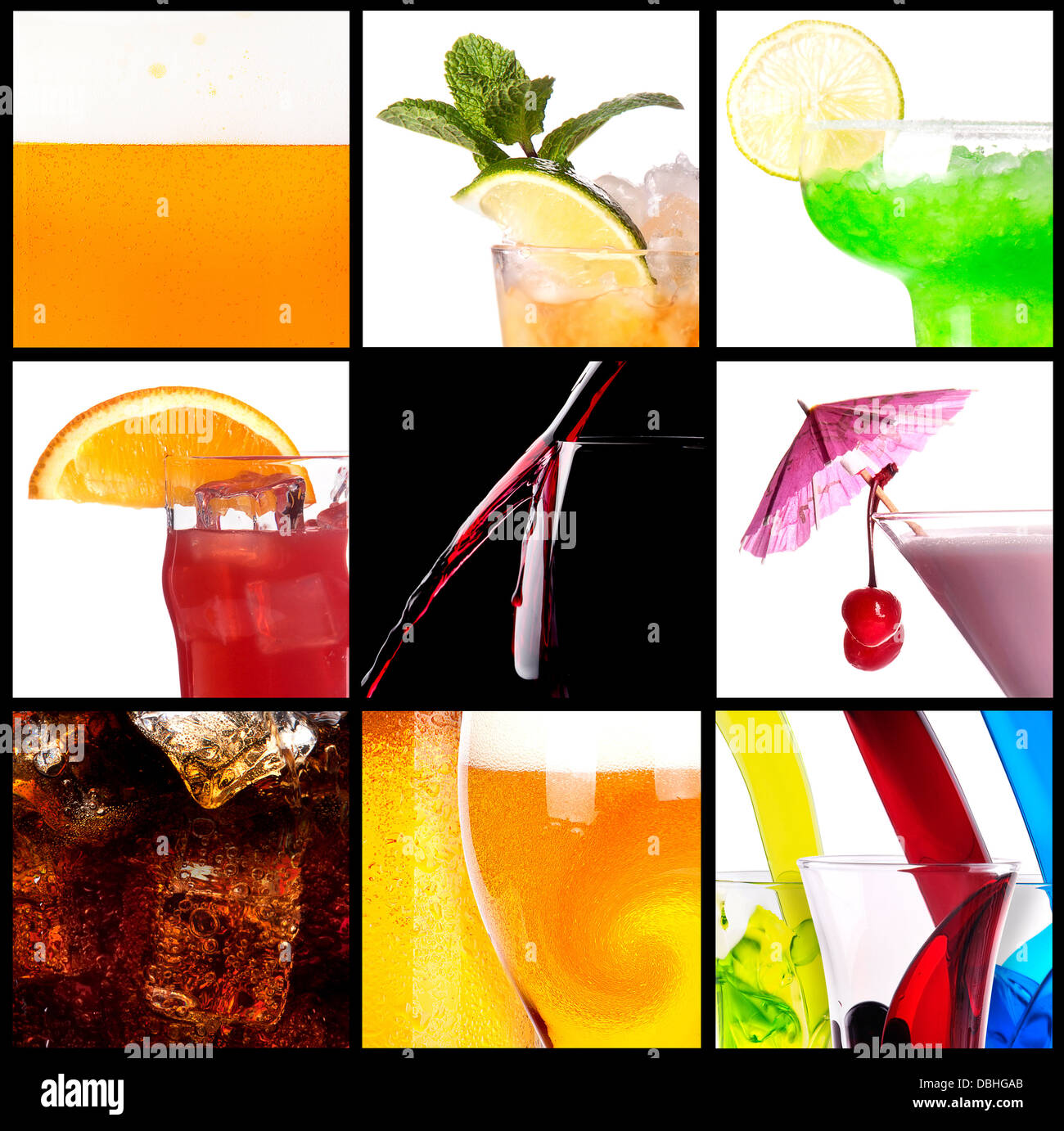collage with alcohol cocktails beer, martini, soda,cola,cocktail,wine