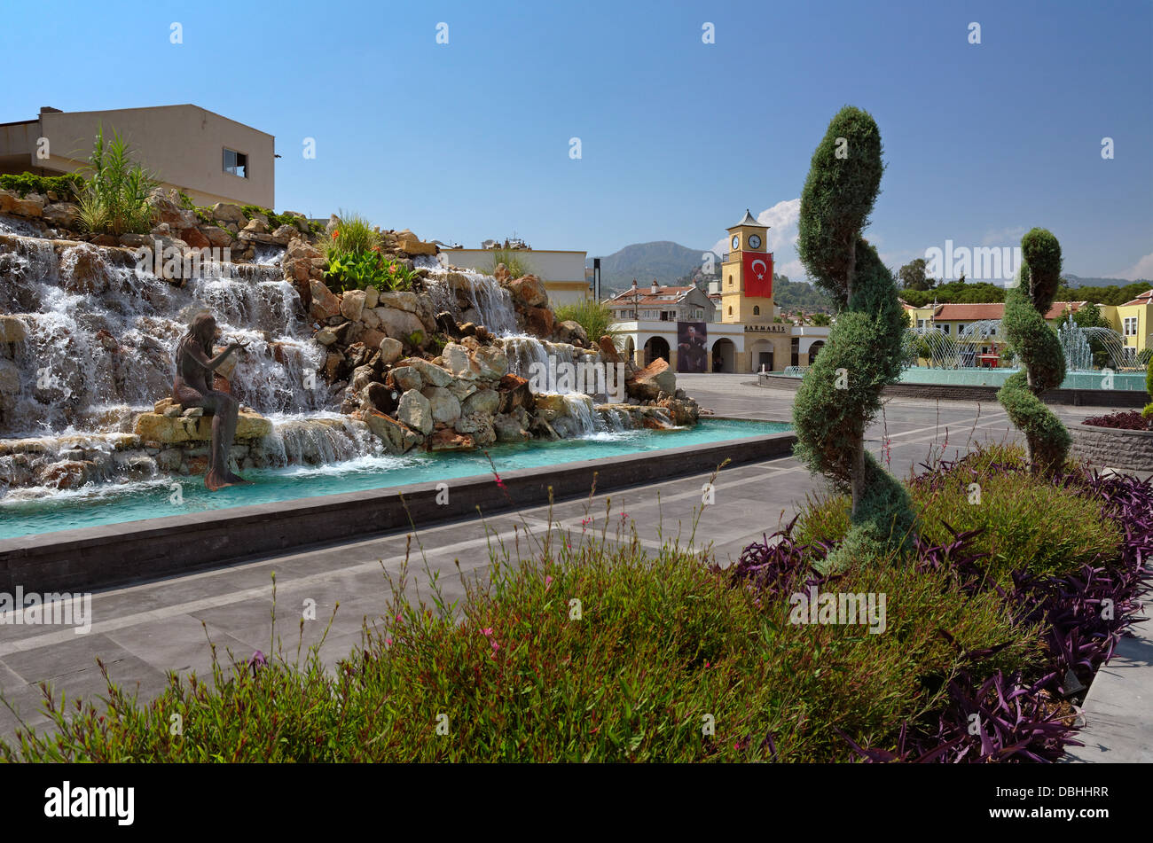 The new Marmaris town square with fountains and waterfalls. Mugla Province, Turkey. Built 2012. Stock Photo