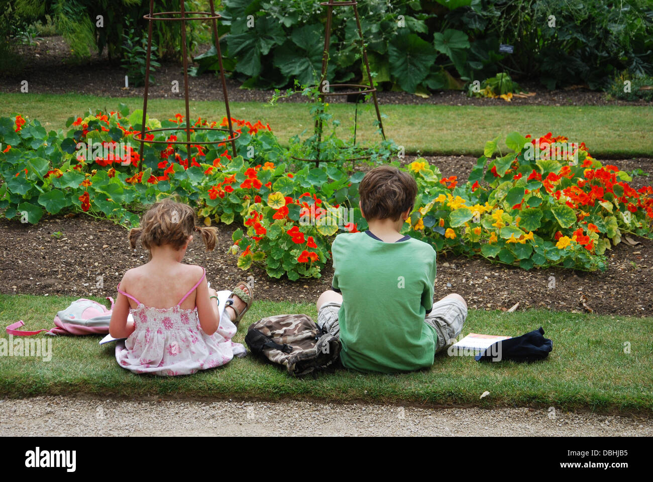 kids drawing in The University of Oxford Botanic Garden  close to Magdalen College Oxford UK Stock Photo