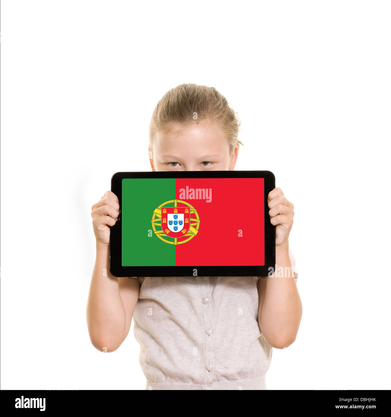 flag of Portugal displayed on tablet computer held by young girl Stock Photo