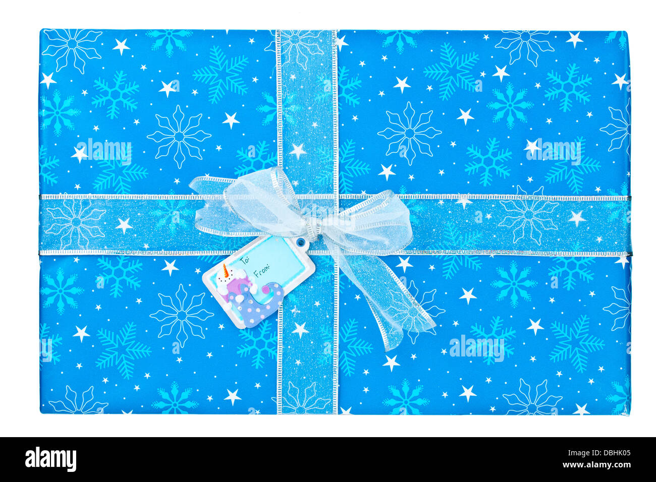 close up image of blue gift box with snowman sticker Stock Photo