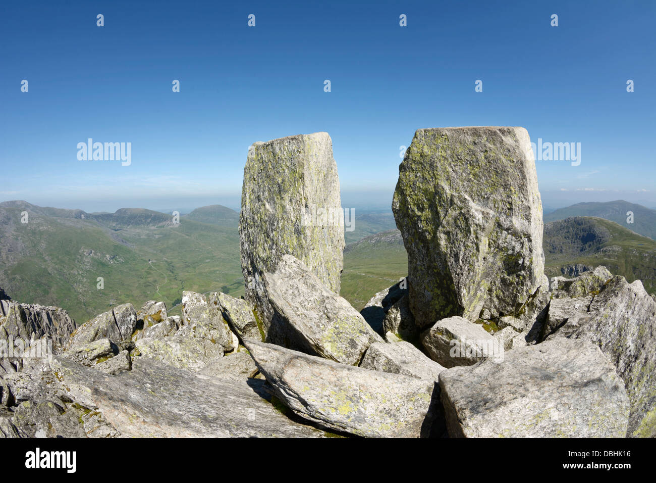 Two pillars of rock, known as Adam & Eve, on the summit of Tryfan in