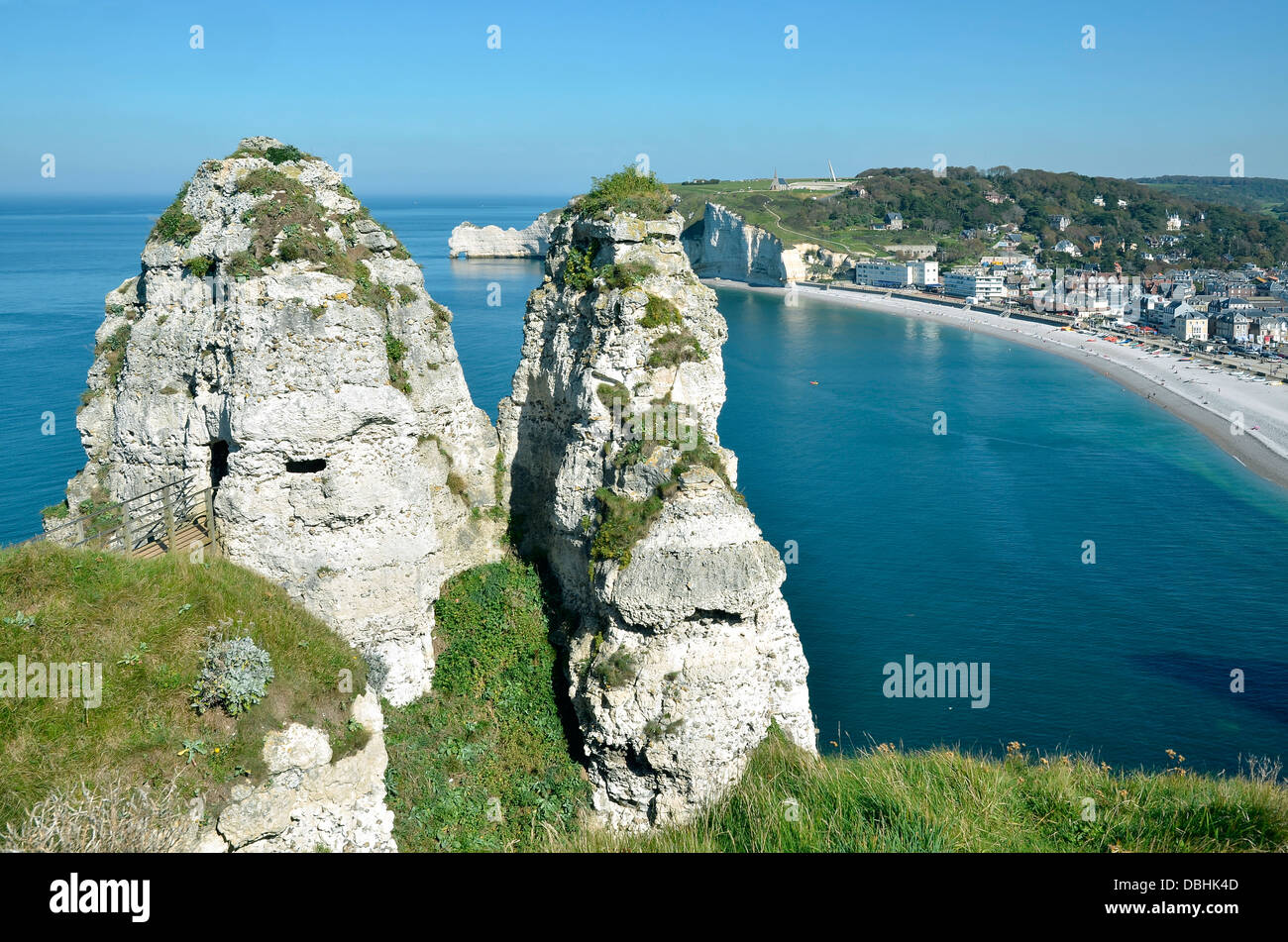 The two peaks of 'La chambre des demoiselles' on the famous cliffs of Etretat, commune in the Seine-Maritime department, France Stock Photo