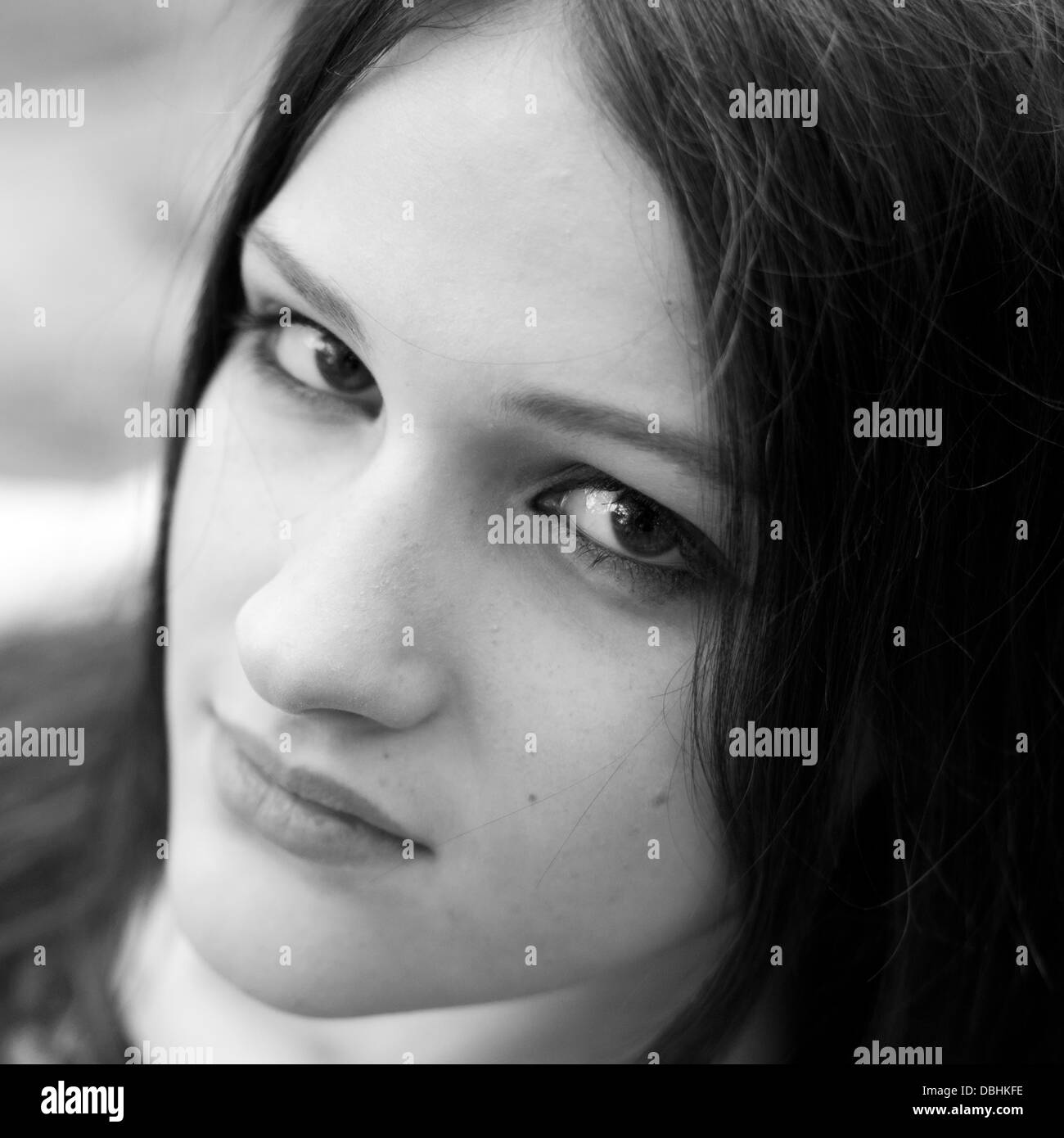 Black and white portrait of a teenage girl. Stock Photo