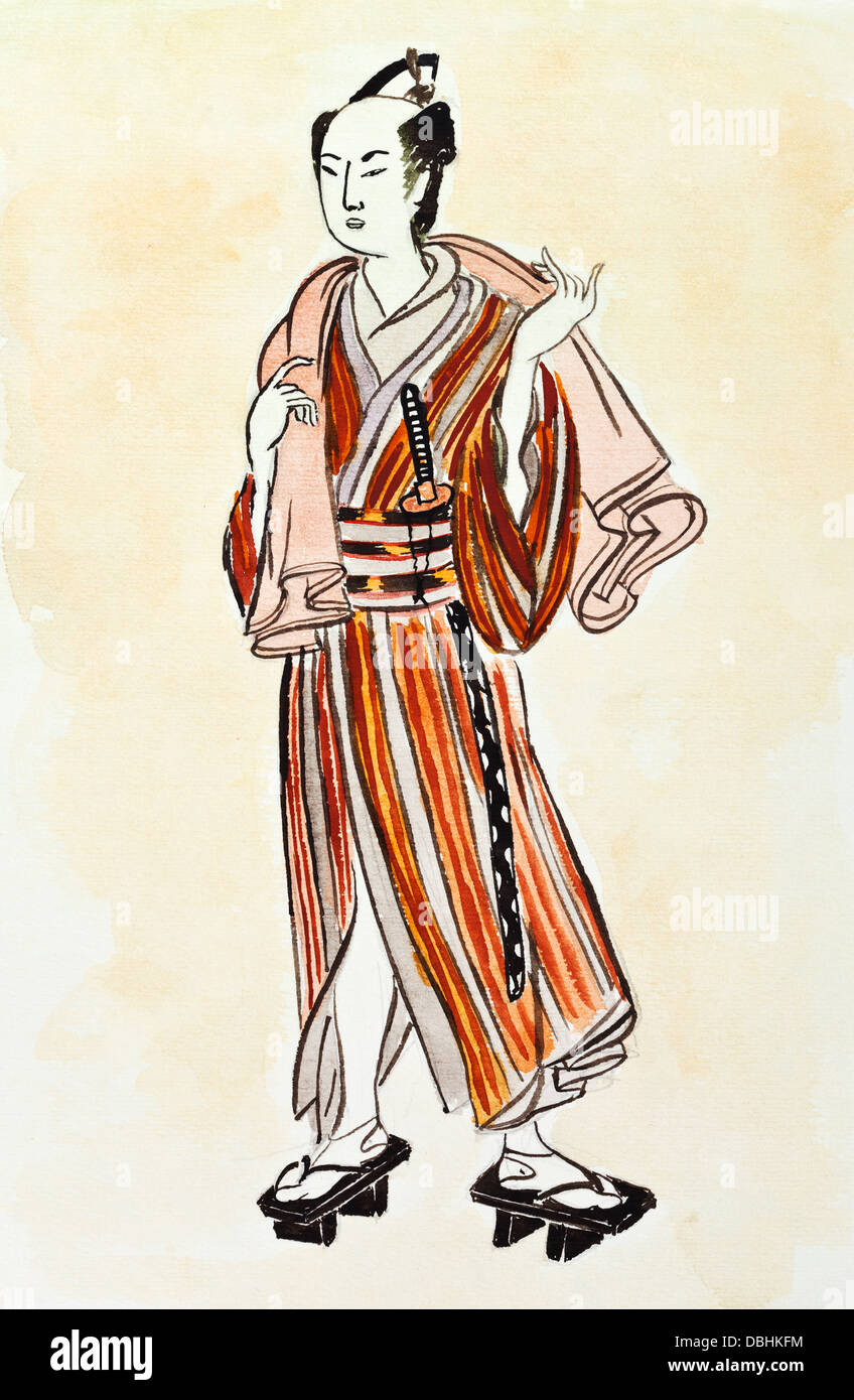historical clothes - Japanese Samurai man in traditional dress stylized under print of Isoda Koryusai 1770 years Stock Photo