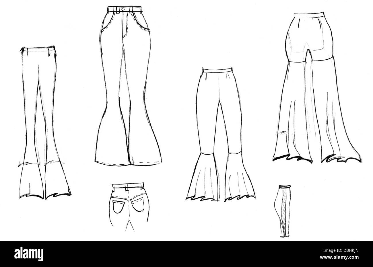 Sketch Of Fashion Model Finishing Details Of Women Flared Trousers