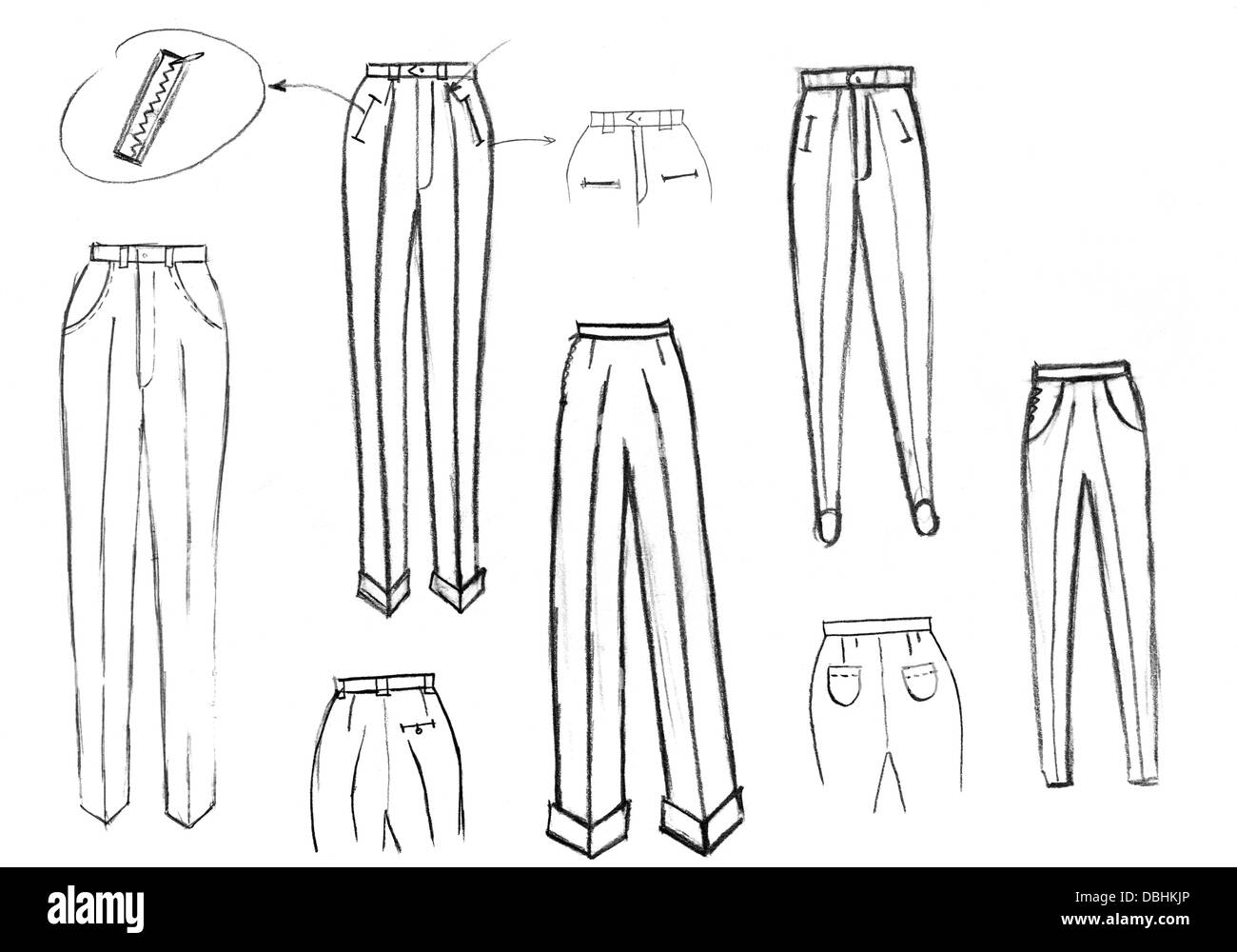 sketch of fashion model finishing details of women trousers Stock