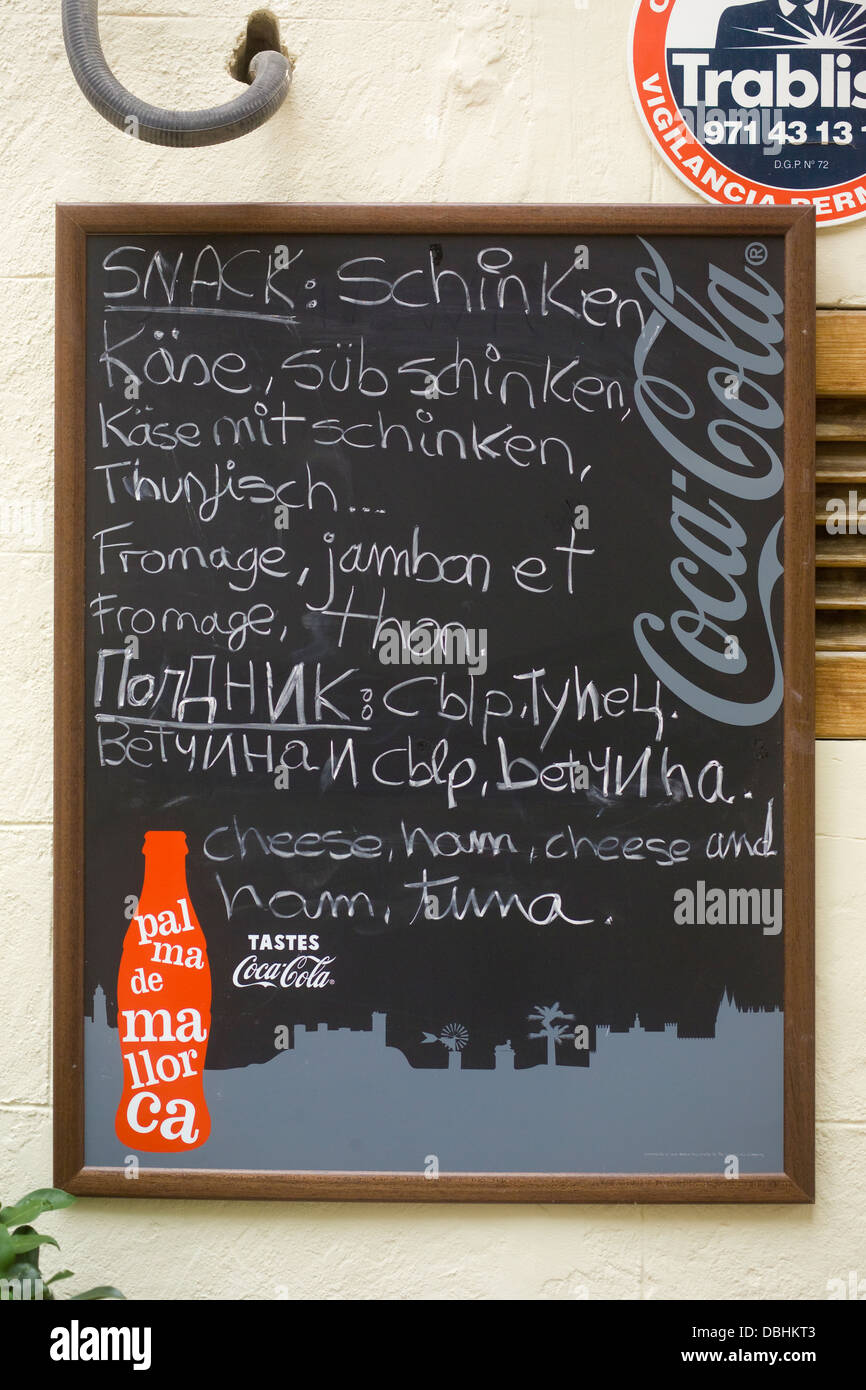 Multi-lingual menu, Palma de Mallorca, Spain Stock Photo
