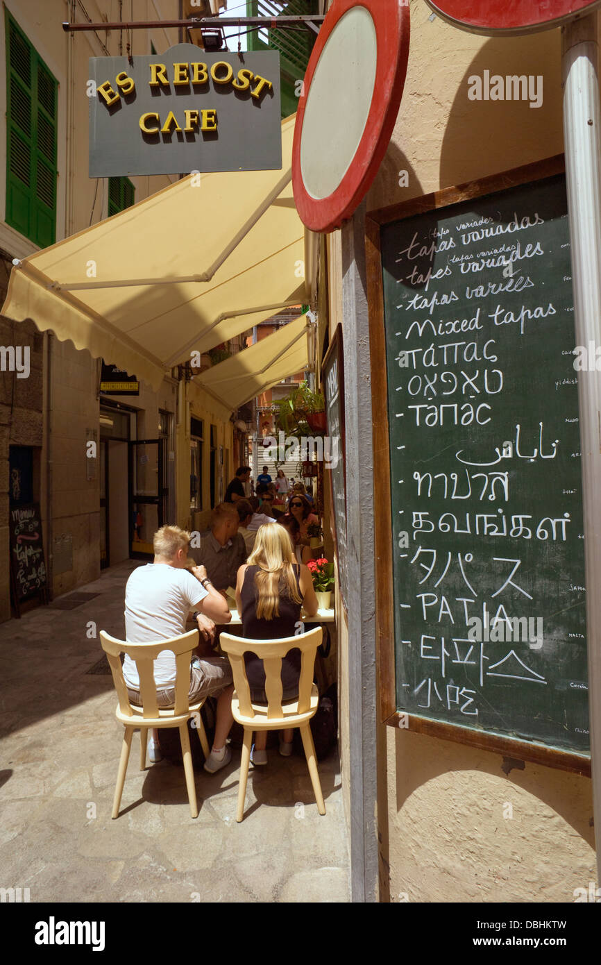 Multi-lingual menu in central Palma de Mallorca. Stock Photo