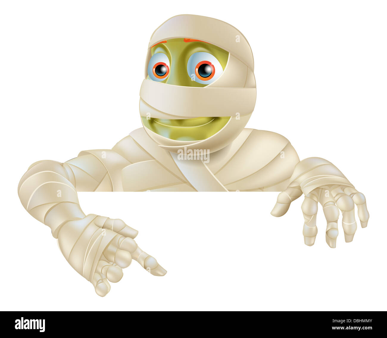 An illustration of a cartoon Halloween Mummy pointing down at a sign or scroll Stock Photo