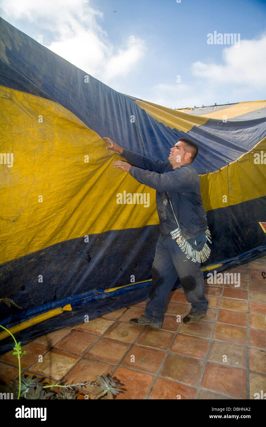 Hispanic workmen in Laguna Niguel, CA, cover a home with a gasproof tent prior to fumigation Stock Photo