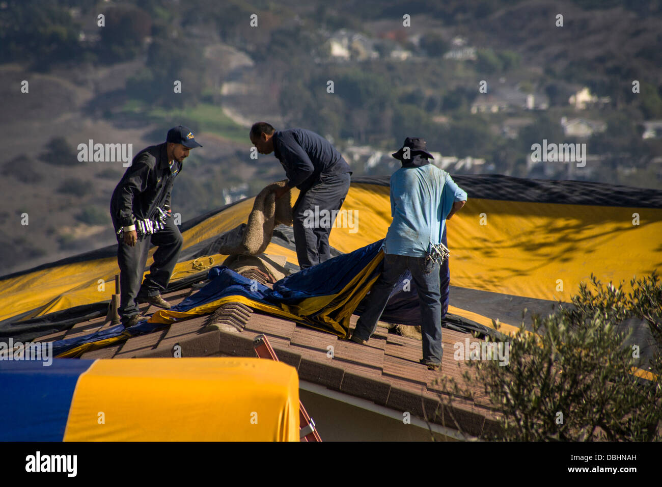 Hispanic workmen in Laguna Niguel, CA, cover a home with a gasproof tent prior to fumigation Stock Photo