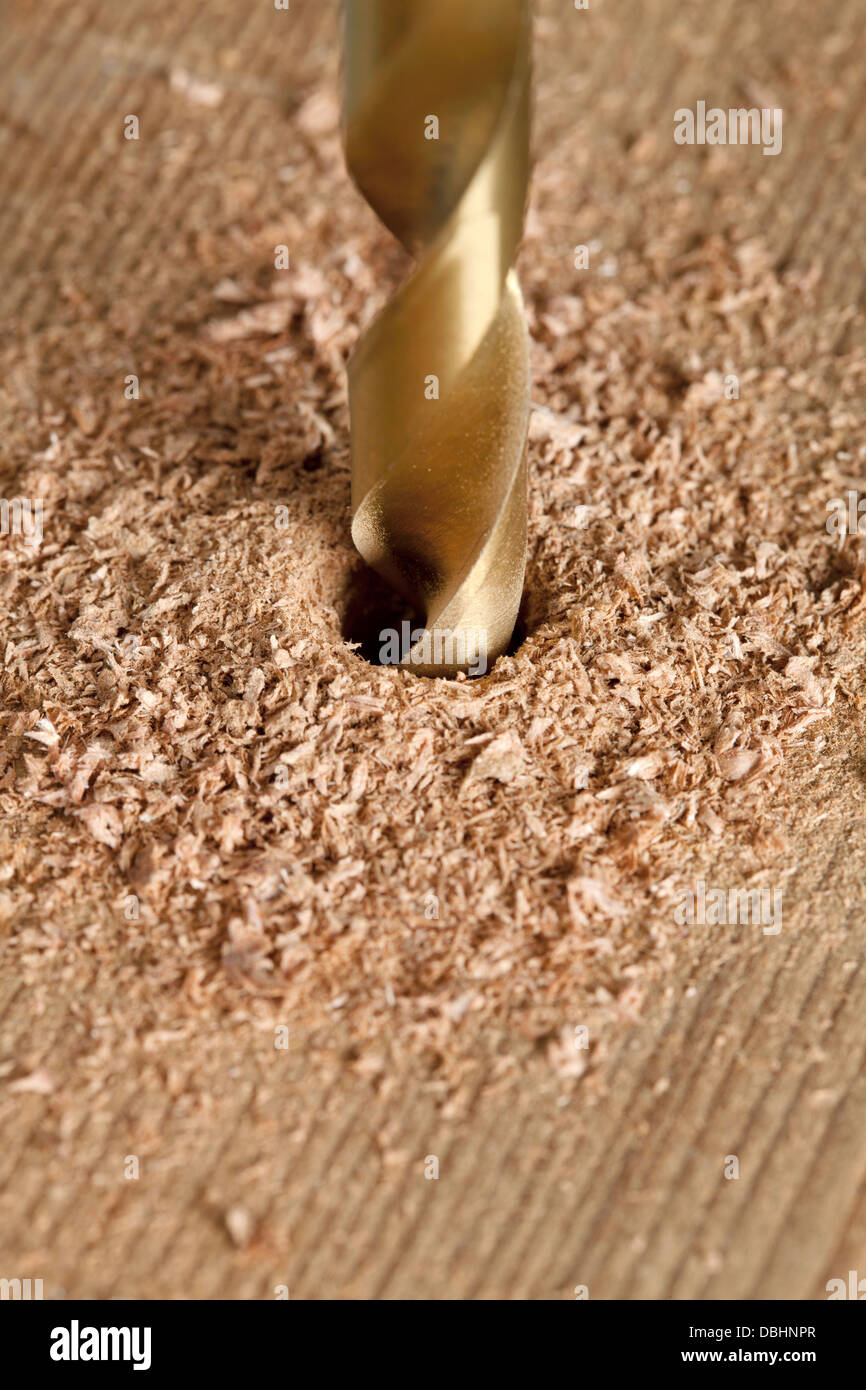 drilling a hole in a wood plank Stock Photo Alamy