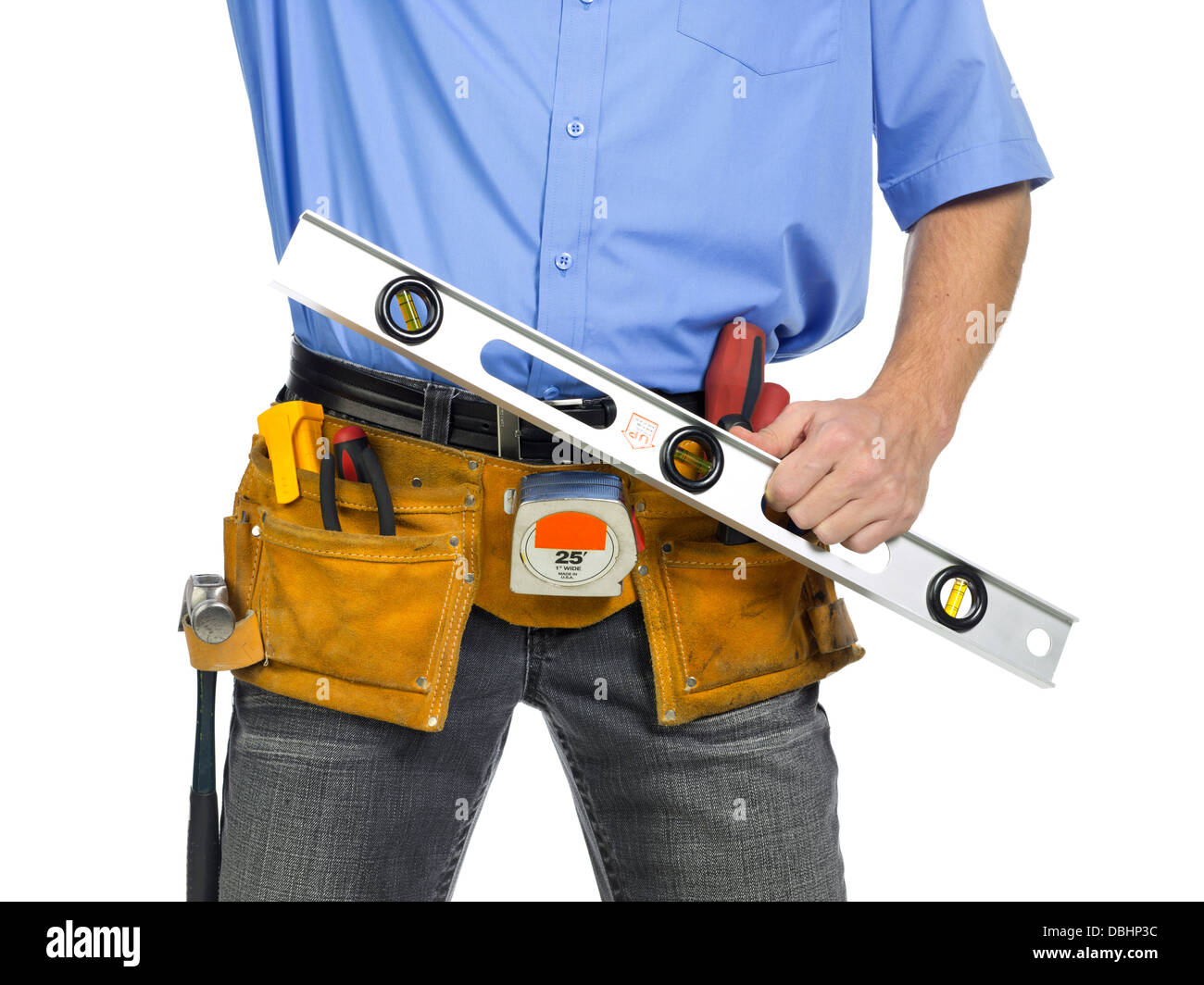 construction worker with a level ruler Stock Photo - Alamy