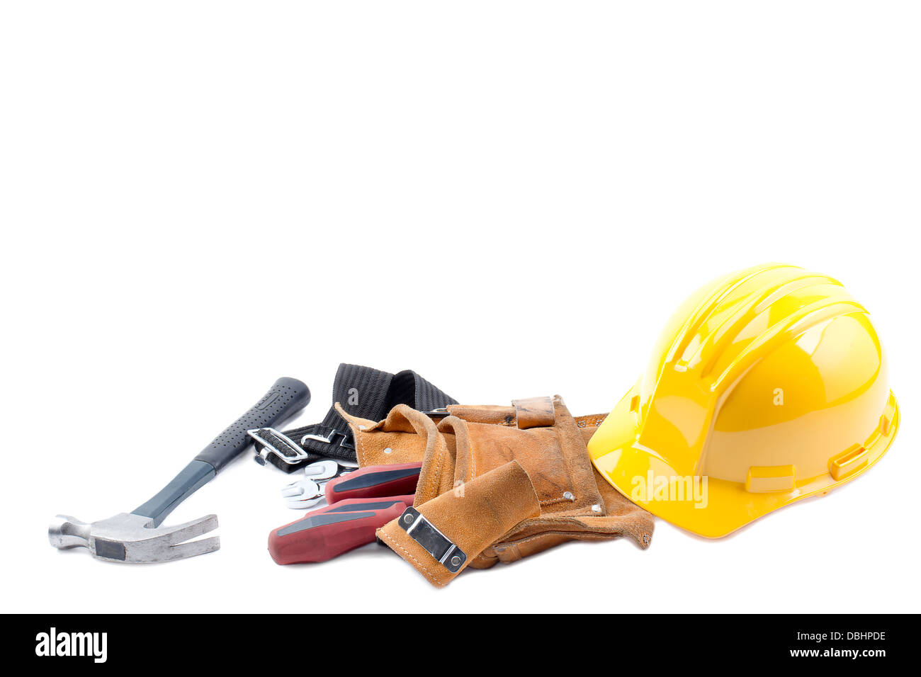 hardhat hammer tool belt and screw driver Stock Photo Alamy